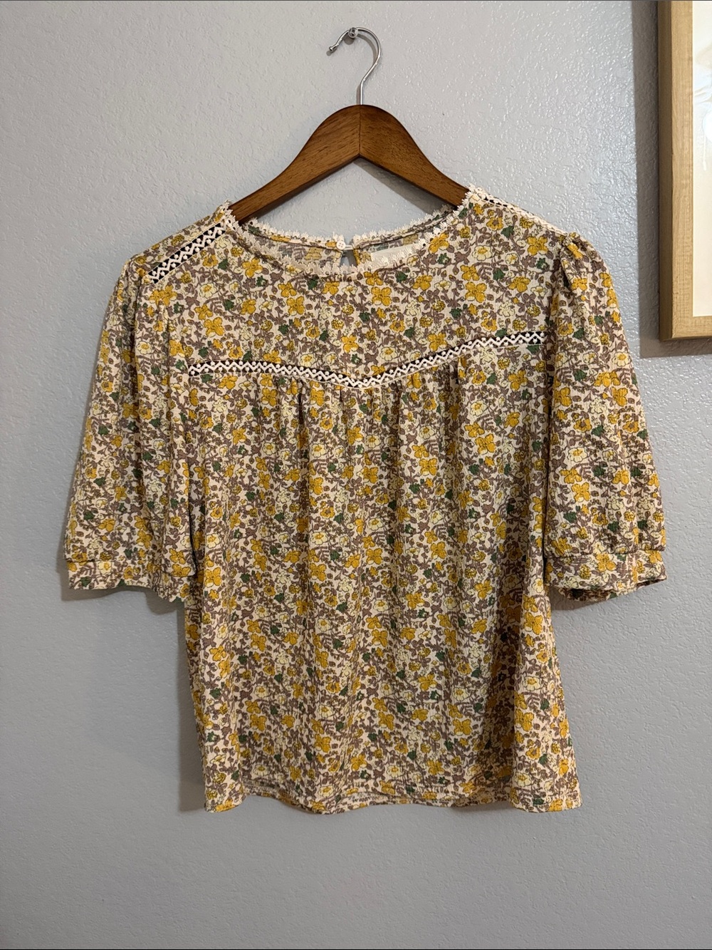 Floral Crochet-Trim Peasant Blouse in Yellow